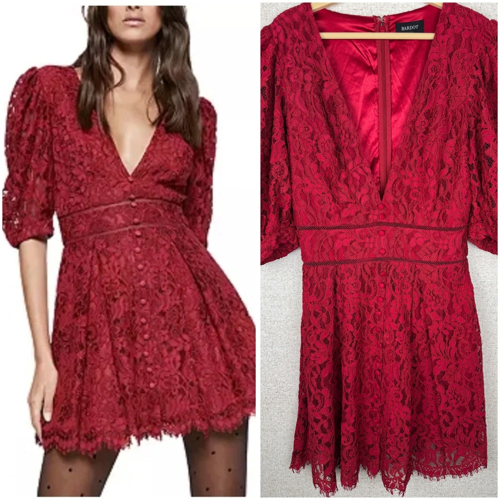 Bardot Red Floral Lace Mini Dress Puff Sleeve V-Neck Kira Size M US 6